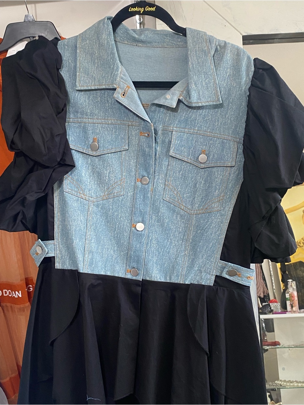 Denim and Black Puff Sleeve Dress